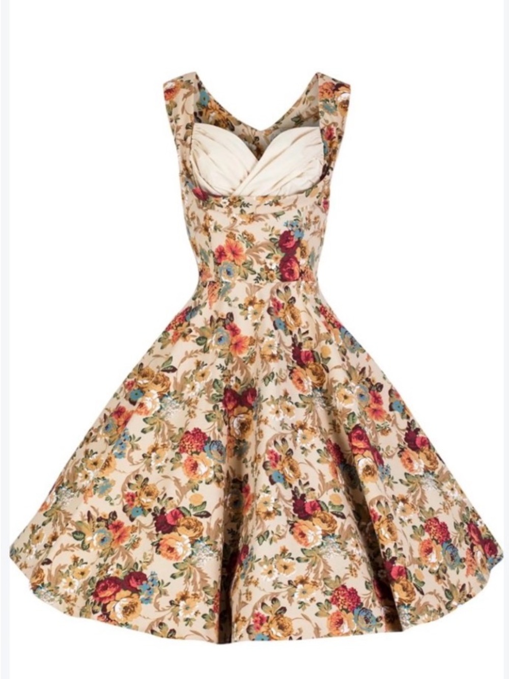 Lindy Bop Cream Floral Fit-and-Flare Midi Dress